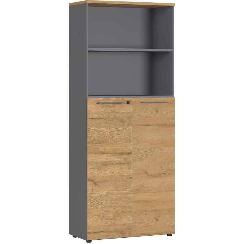 Germania Grafitově šedá kancelářská skříň Agenda 197 x 80 cm s dubovým dekorem