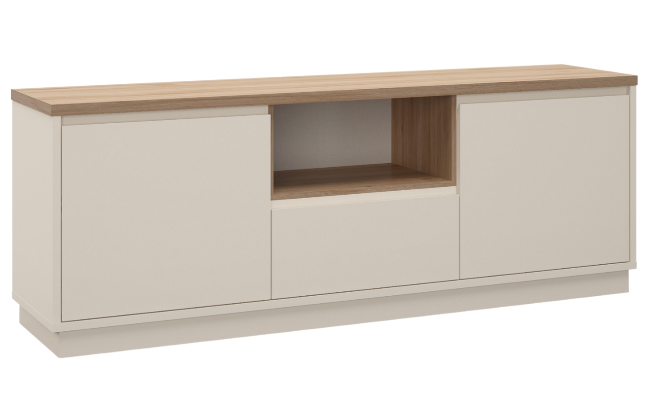 Marckeric Krémový lakovaný TV stolek Loreta 160 x 40 cm s dubovým dekorem