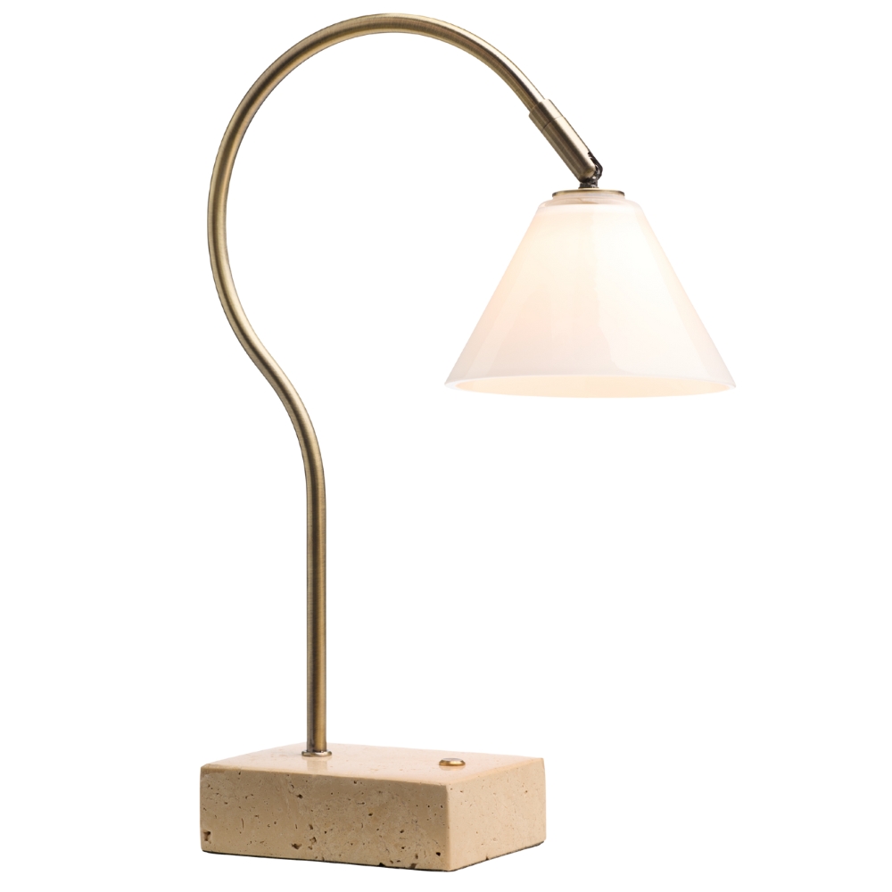 Halo Design Mosazná nabíjecí stolní LED lampa Question 31 cm s travertinovou podstavou